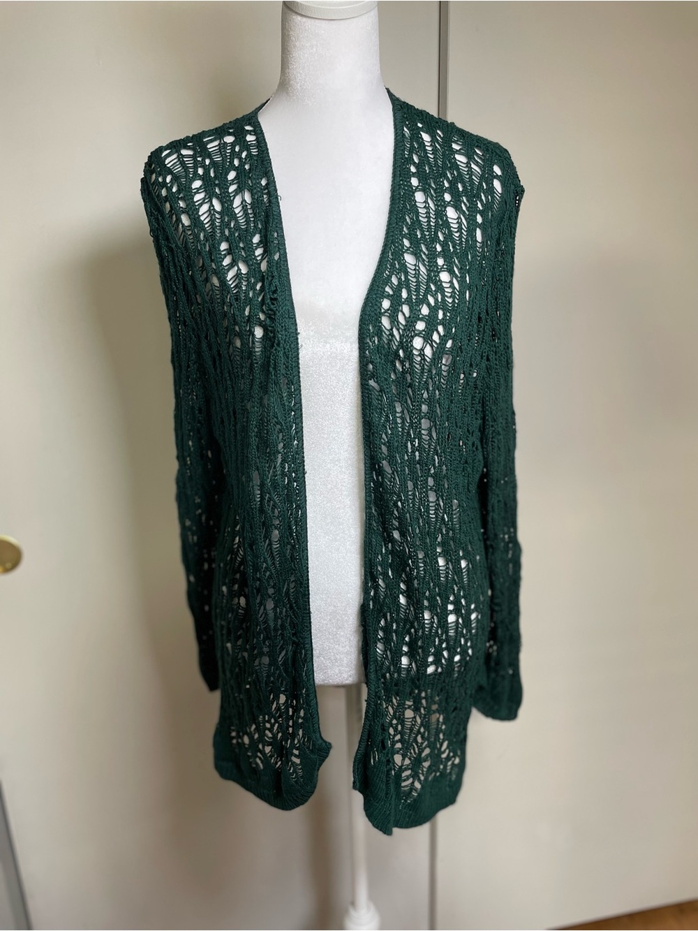 Open-Front Forest Green Crochet Cardigan Sweater